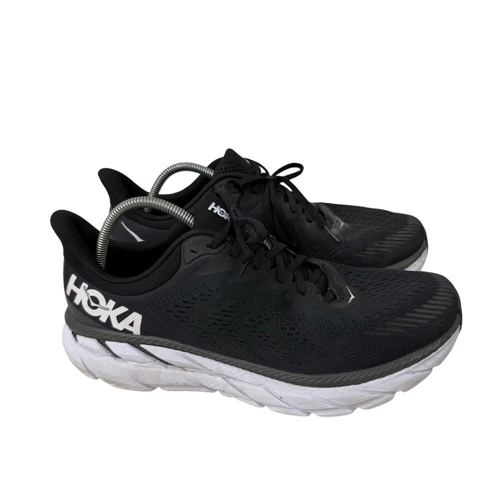 Hoka One One Clifton 7 Shoes Mens 12 2E Wide EE Black White Running